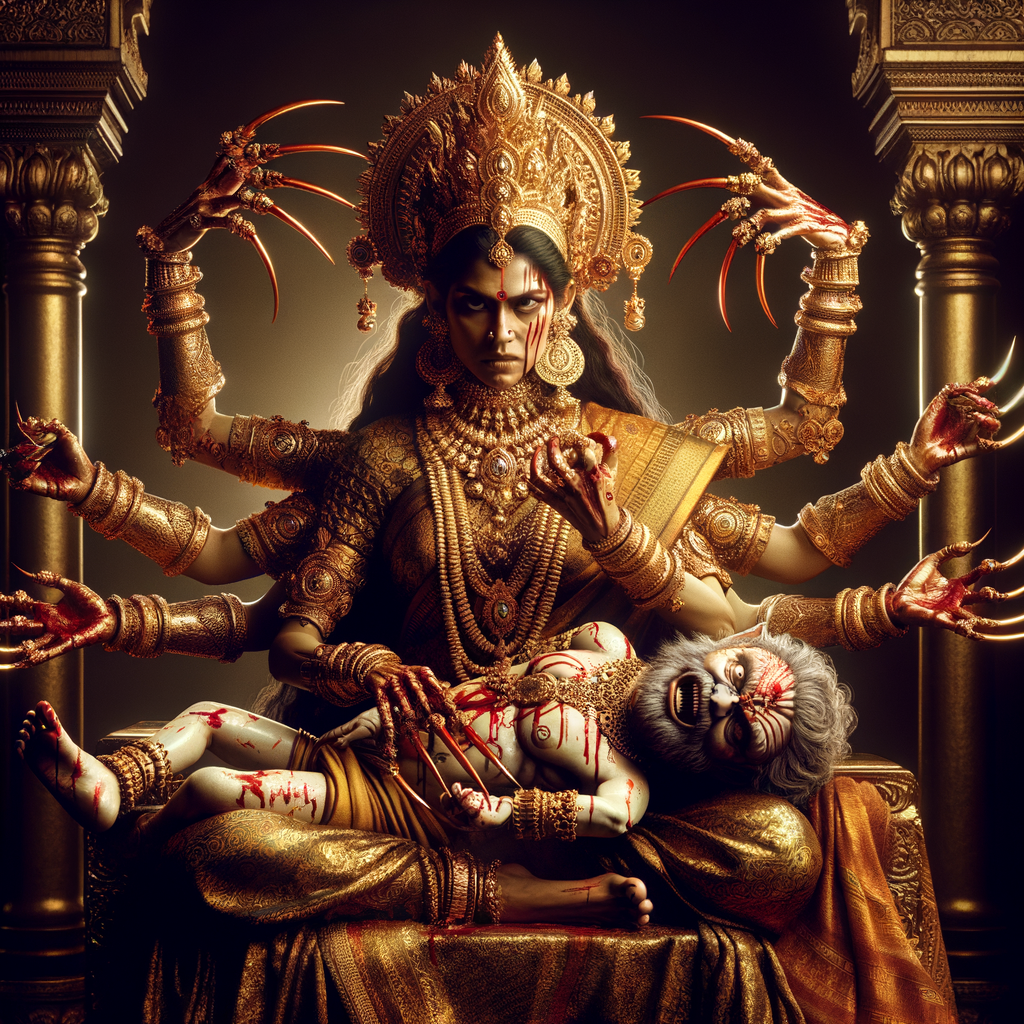 portrait of angry looking, four-armed indian goddess  sitting on a gold crown and carrying a weak mahishasur on her lap and poking his abdomen with her amazingly long red fingernails . She is wearing gold armor, a huge gold crown, gold saree, abundant  gold jewelry, covered in blood. The scene is set in ancient India. The image is 8K resolution, cinematic, photography, ultra detailed face and epic.