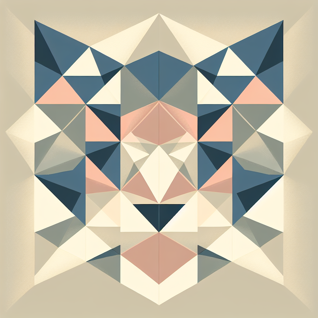 A simple geometric illustration of a cat’s face, made up of clean triangular shapes in a soft pastel palette.