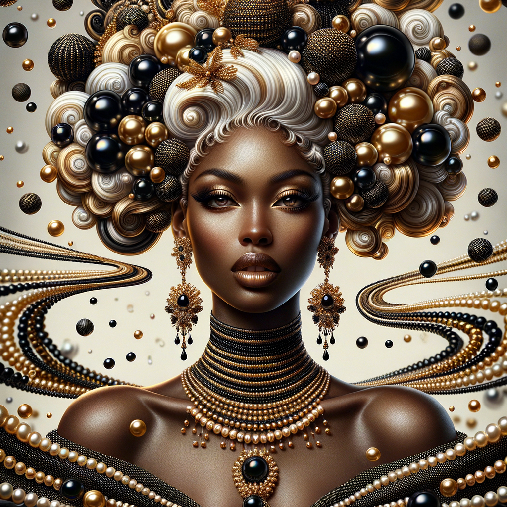 Imagine a digital portrait of a light skinned African-American Latino regal woman named KAREN Her attire and accessories are exclusively adorned with black and gold pearls. They grace her voluminous hair, styled in an elegant updo, where the black pearls form the roots and the gold pearls create the stunning curls. Her ears boast chandelier earrings, with black pearls clustered at the top, transitioning to gold pearls that dangle with delicate grace. Around her neck, a tiered necklace cascades with strands of alternating black and gold pearls, reflecting a sophisticated contrast.

Her shoulders are draped with a luxurious off-shoulder gown, the fabric's weave incorporating intricate patterns formed by black and gold pearls. The gown's texture has a subtle sheen, suggesting a high-quality material with a pearlescent finish. As a centerpiece, a grand brooch sits at her collar, with a large gold pearl surrounded by an elaborate design of smaller black pearls.

The background of the portrait features an abstract composition of floating pearls, swirling in a dance of shadows and light, emphasizing the color theme of black and gold. The name "KAREN" is discreetly integrated into the lower right corner of the artwork, blending seamlessly with the design, as if it were a signature part of the jewelry ensemble. The overall effect is one of timeless elegance, a blend of modern design and classic beauty, all tied together by the luxurious palette of black and gold.