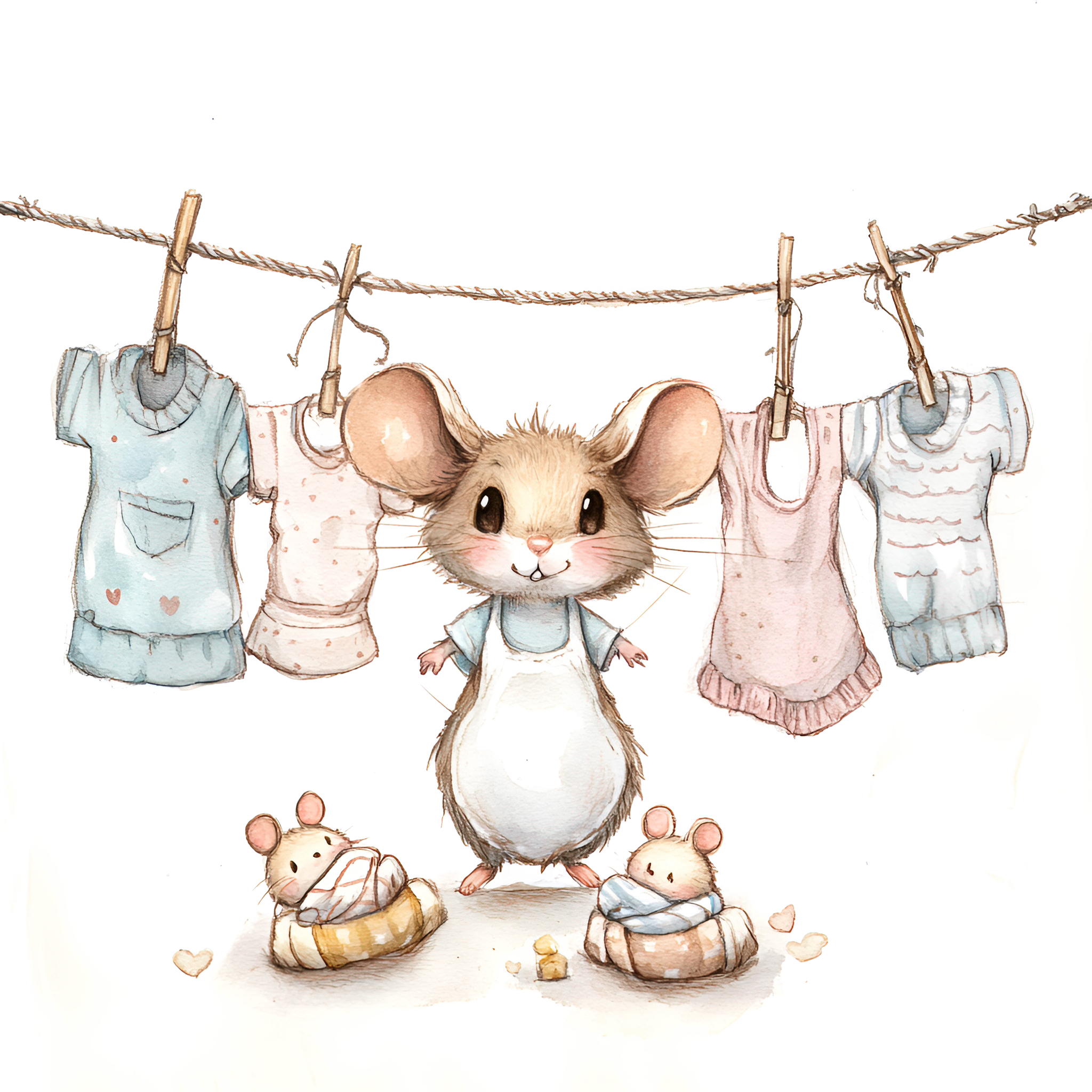 Cute mouse with expressive eyes, hanging laundry on a line which has lots of baby clothing hanging off it on clothing pins. She is adorable and has 2 little baby mice hanging from the line wrapped in blankets. Style is watercolor, with pencil outlines.