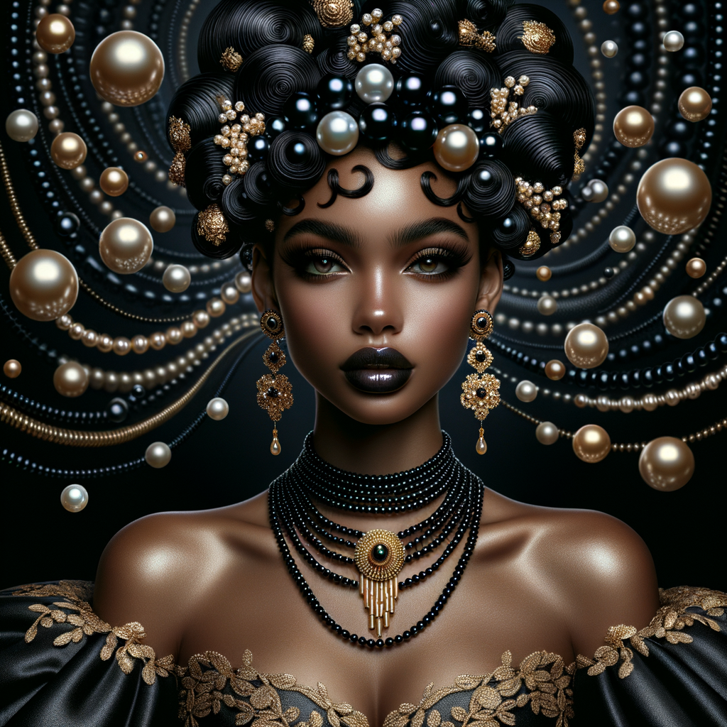 Imagine a digital portrait of a light skinned African-American Latino regal woman named KAREN Her attire and accessories are exclusively adorned with black and gold pearls. They grace her voluminous hair, styled in an elegant updo, where the black pearls form the roots and the gold pearls create the stunning curls. Her ears boast chandelier earrings, with black pearls clustered at the top, transitioning to gold pearls that dangle with delicate grace. Around her neck, a tiered necklace cascades with strands of alternating black and gold pearls, reflecting a sophisticated contrast.

Her shoulders are draped with a luxurious off-shoulder gown, the fabric's weave incorporating intricate patterns formed by black and gold pearls. The gown's texture has a subtle sheen, suggesting a high-quality material with a pearlescent finish. As a centerpiece, a grand brooch sits at her collar, with a large gold pearl surrounded by an elaborate design of smaller black pearls.

The background of the portrait features an abstract composition of floating pearls, swirling in a dance of shadows and light, emphasizing the color theme of black and gold. The name "KAREN" is discreetly integrated into the lower right corner of the artwork, blending seamlessly with the design, as if it were a signature part of the jewelry ensemble. The overall effect is one of timeless elegance, a blend of modern design and classic beauty, all tied together by the luxurious palette of black and gold.