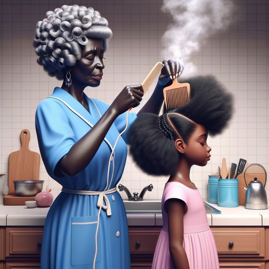 Create a realistic 3-D image of an african-American grandmother wearing a blue house dress. She is in the kitchen with her african-American granddaughter. Her granddaughter is wearing a pink dress The grandmother has a hot comb in her hand and she is straightening her granddaughters hair. One side of her granddaughters hair is in  a Afro the other straight 
There is smoke coming from the hot comb