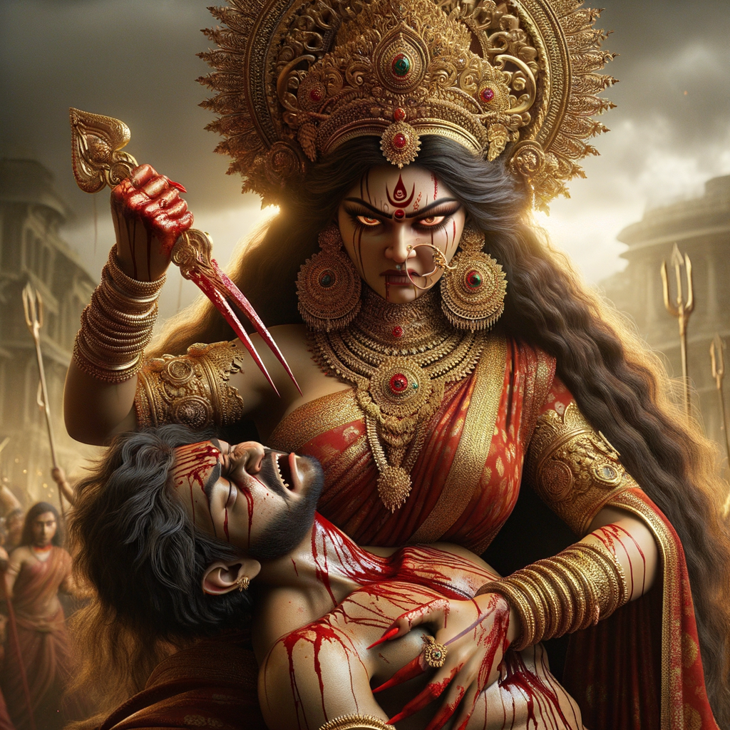 portrait of angry looking goddess durga  carrying a weak mahishasur in her arms and poking him with her amazingly long red fingernails. She is wearing a huge gold crown, red saree, abundant  gold jewelry, covered in blood. The scene is set in ancient India. The image is 8K resolution, cinematic, ultra detailed face and epic.