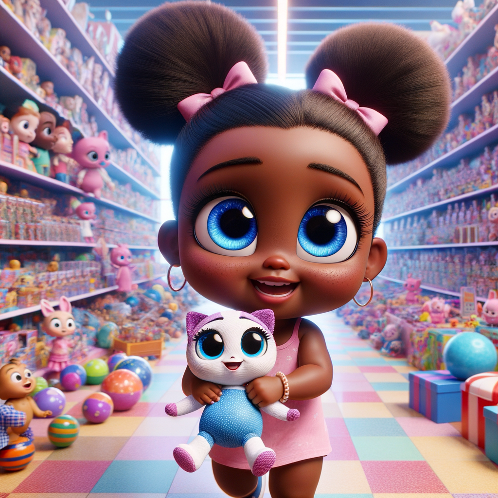 Create a 3-D image of an african-American, little girl inside of a very large toy store. The little girl has thick, ponytails and huge blue eyes. She is playing with her favorite doll, the doll is