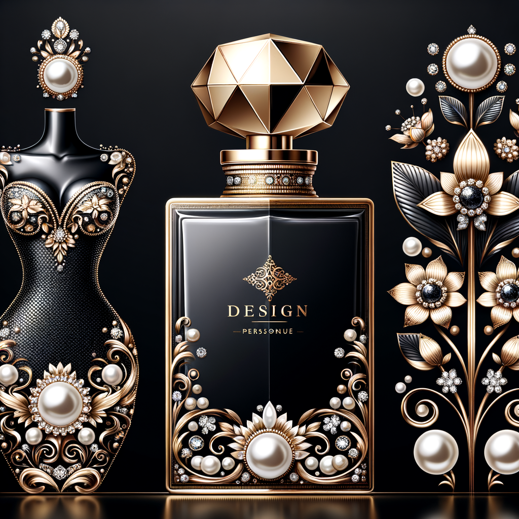 Design a fancy, black and gold bottle of perfume in the shape of a woman’s body. With a golden diamond top, flowers pearls and Diamonds in the name, Karen