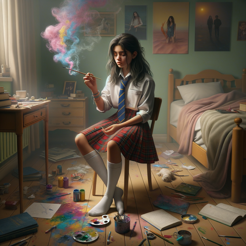 Schoolgirl smoking a cigarette in her room.