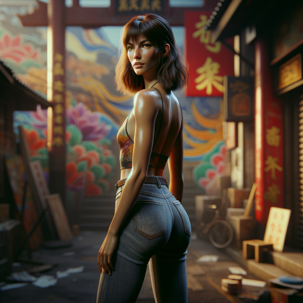 Athletic Thin skinny Attractive, Asian teenage girl, long brown hair and bangs, wearing tight skinny jeans and a halter top paint marks on her clothing, heroic pose Asian graffiti background, backside view