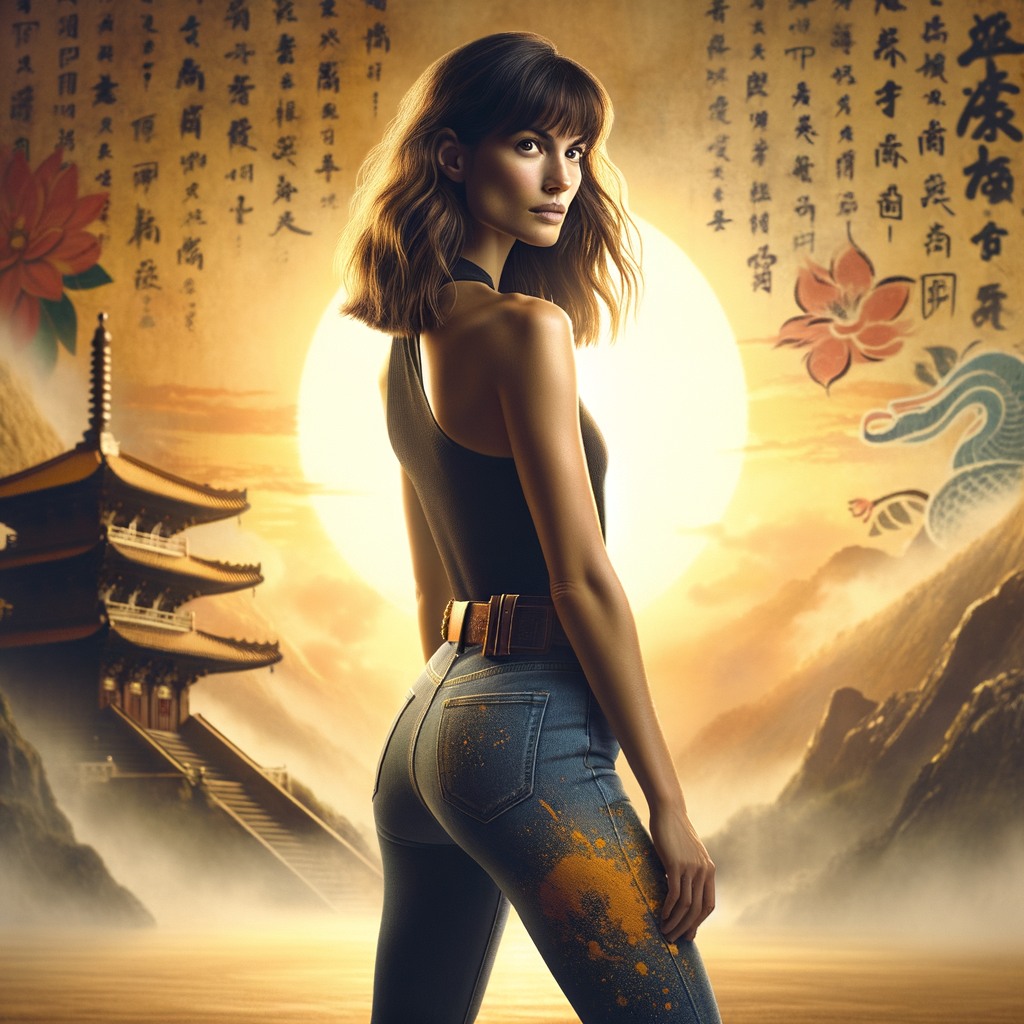 Athletic Thin skinny Attractive, Asian teenage girl, long brown hair and bangs, wearing tight skinny jeans and a halter top paint marks on her clothing, heroic pose Asian graffiti background, backside view