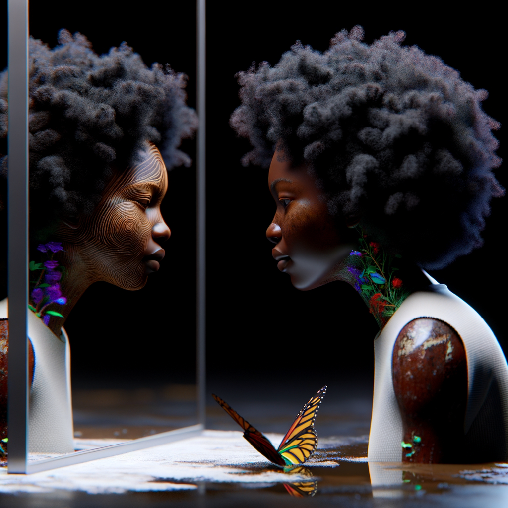 Create a 3-D realistic beautiful African-American  women with thick curly black hair
Looking at herself in the mirror, but the reflection she sees is a child, and she is no longer beautiful. She is ugly with scars. There is a fallen butterfly.