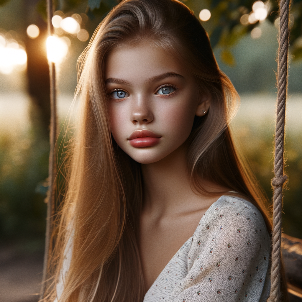 13 year old girl slender but chesty long straight blond hair blue eyed beautiful sitting on a tree swing barefoot full lips