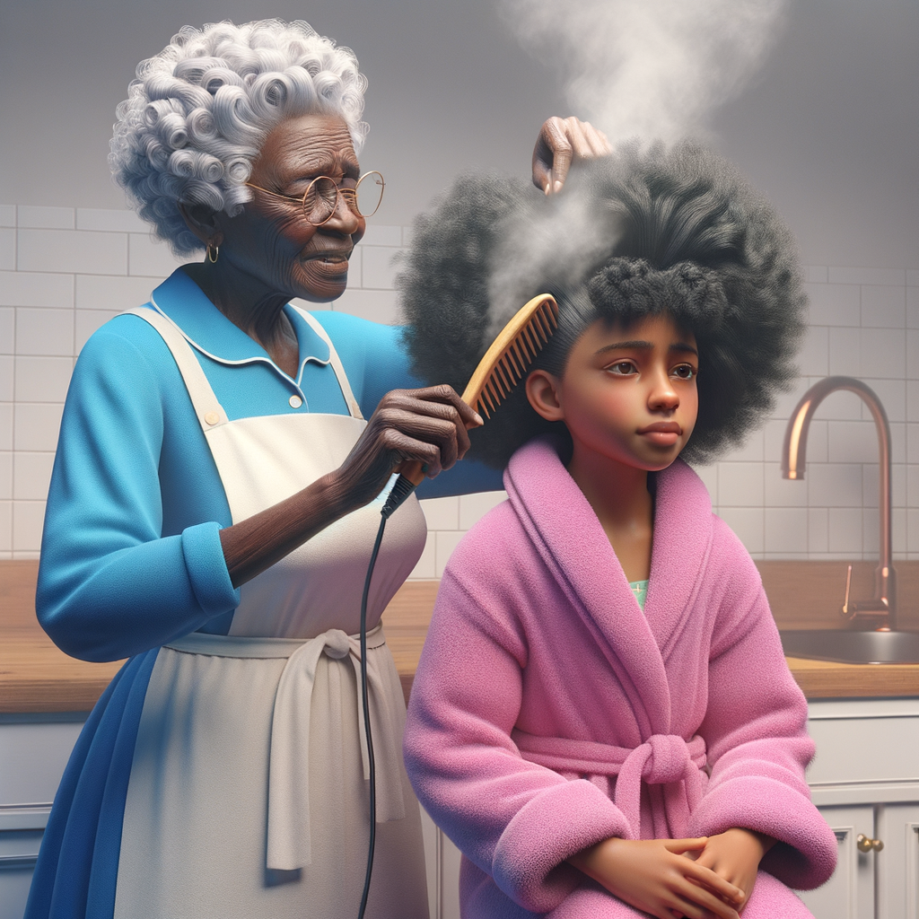 Create a realistic 3-D image of an african-American grandmother wearing a blue house dress and a white apron . She is in the kitchen with her african-American granddaughter. Her granddaughter is wearing a pink bath robe. The grandmother has a hot comb in her hand and she is straightening her granddaughters hair. One side of her granddaughters hair is in  a Afro the other straight 
There is smoke coming from the hot comb
The granddaughter is making a face as if to say grandma that hurt