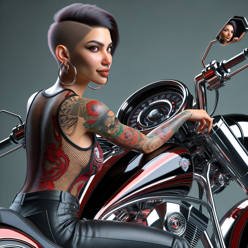 A cheeky Puerto Rican with short hair tattoos, on a shiny black and red Harley Davidson with magnificent design and crammed out. Her head is turned, looking at the camera and posing on the motorcycle.