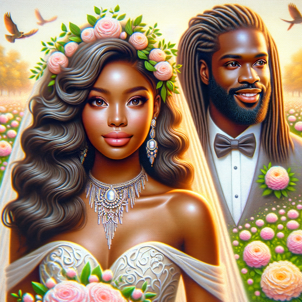 Create a 3-D realistic oil, painting of a beautiful African-American bride. She has long flooring, wavy hair and her gown has beautiful jewels around the neckline. in the background there is a beautiful African-American Jesus Christ with long dreadlocks, and he is smiling. He is very handsome pastel flowers throughout the image.