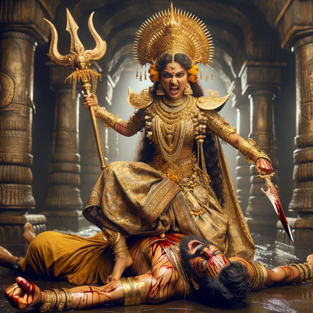 portrait of angry looking, indian goddess cosplayer straddling a defeated mahishasur, while he is lying on the ground and she stabs him with her trident. She is wearing gold armor, a huge gold crown, gold saree, abundant  gold jewelry, covered in blood. The scene is set in ancient India. The image is 8K resolution, cinematic, photography, ultra detailed face and epic.