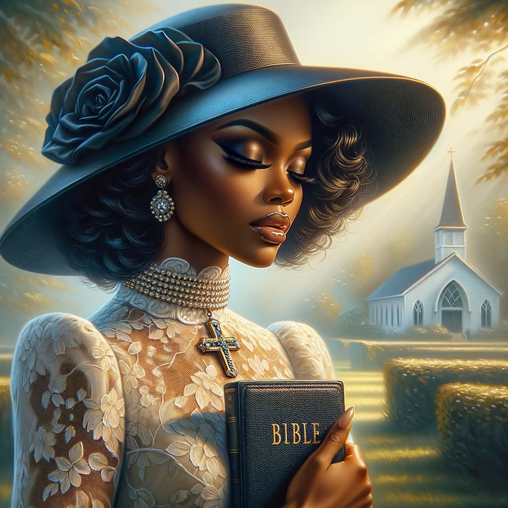 Render an airbrush oil painting of an African American woman with flawless makeup in a
contemplative pose, holding a Bible close to her heart, dressed in an elegant Sunday Best
outfit with a distinctive Church Hat. The background features a peaceful church garden,
with light filtering through the trees, highlighting her spiritual connection and the personal
moment of reflection. The artwork should capture the tranquility of the scene, the beauty
of her attire, and the depth of her contemplation, reflecting a serene and spiritually