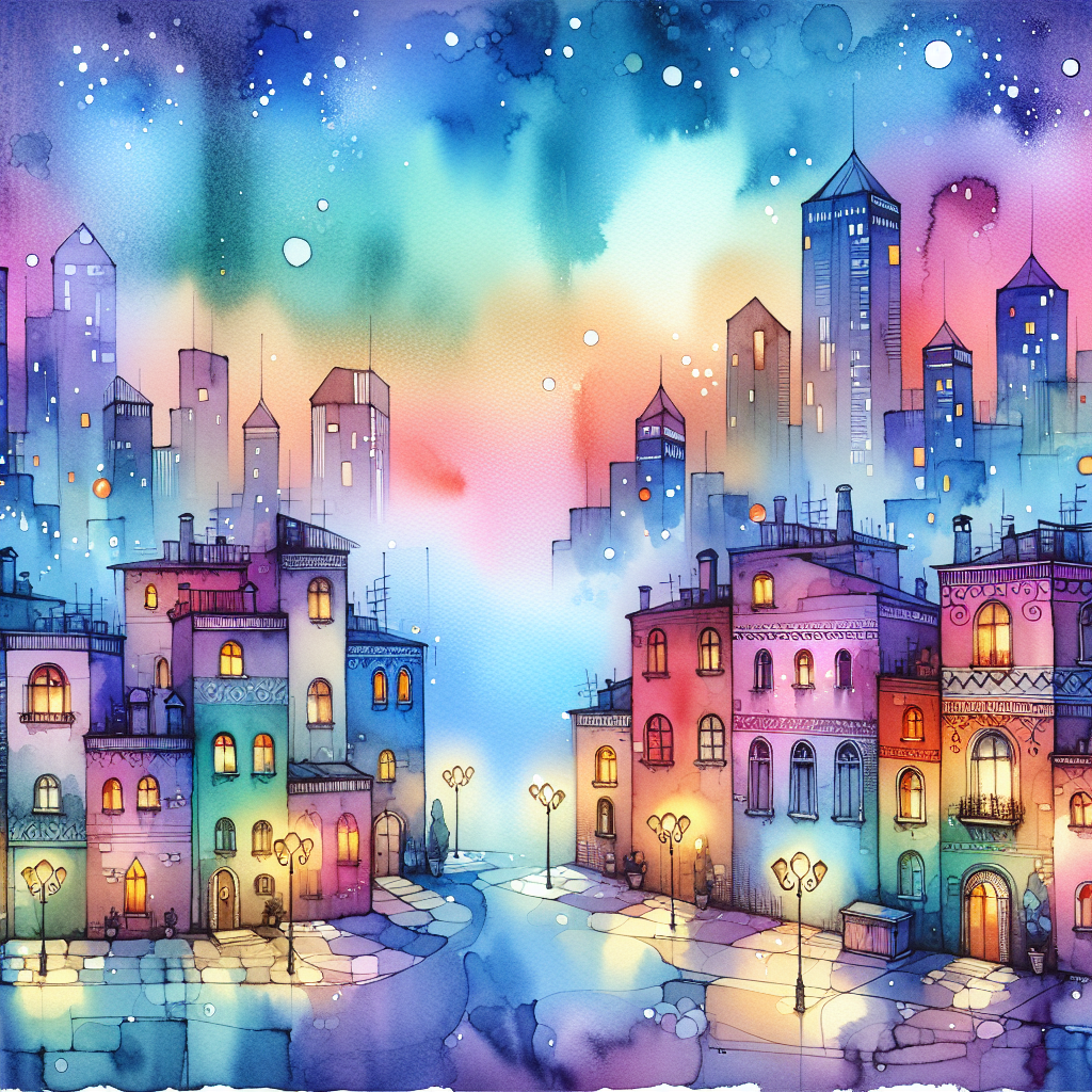 A whimsical cityscape with charming buildings and glowing street lamps. Each structure has a slightly soft and uneven outline, with gentle watercolor washes filling in the walls and rooftops. The sky above transitions from twilight blue to a warm pink hue, giving the illustration a dreamy, nostalgic feel