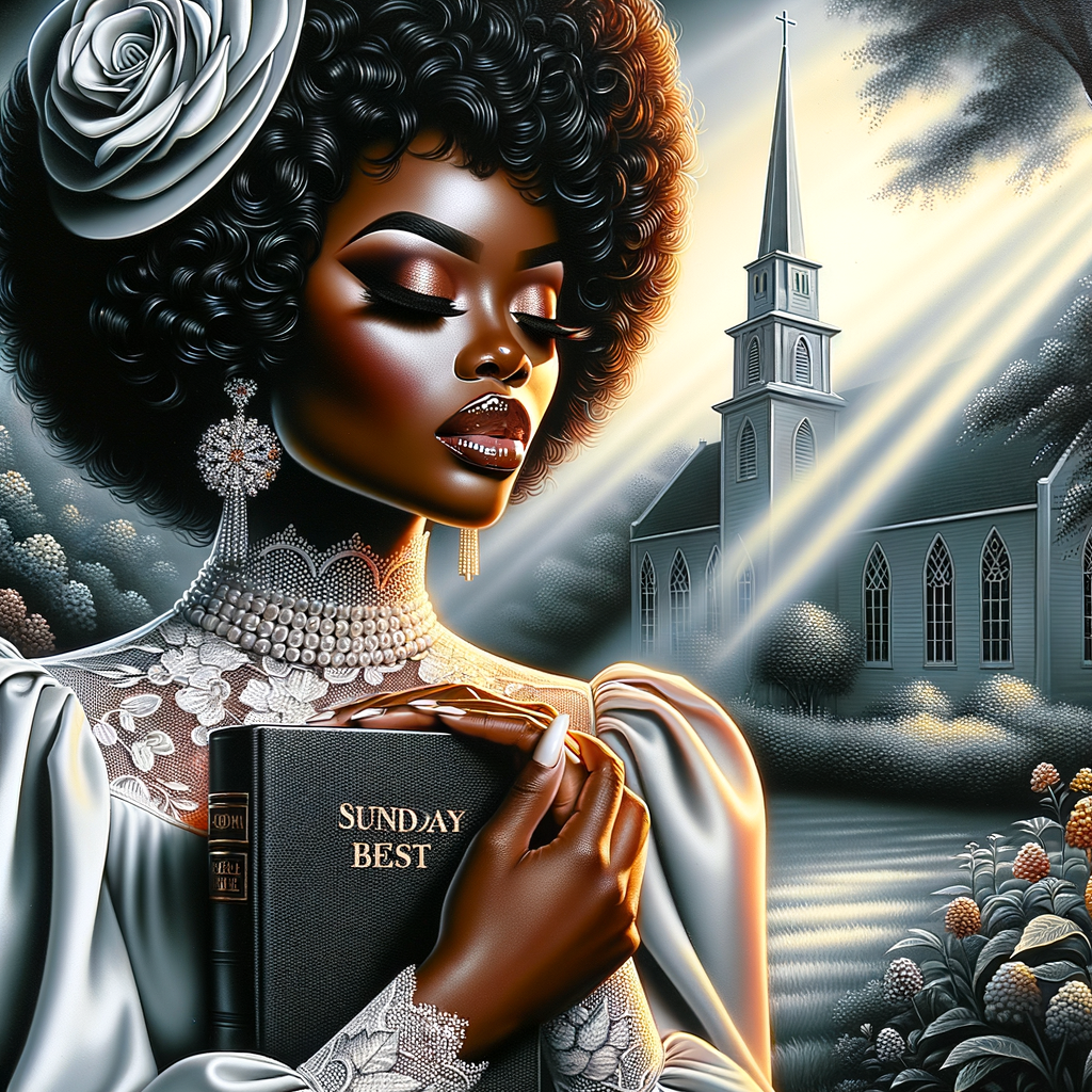 Render an airbrush oil painting of an African American woman with flawless makeup in a
contemplative pose, holding a Bible close to her heart, dressed in an elegant Sunday Best
outfit with a distinctive Church Hat. The background features a peaceful church garden,
with light filtering through the trees, highlighting her spiritual connection and the personal
moment of reflection. The artwork should capture the tranquility of the scene, the beauty
of her attire, and the depth of her contemplation, reflecting a serene and spiritually