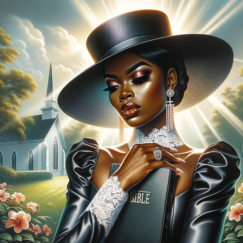 Render an airbrush oil painting of an African American woman with flawless makeup in a
contemplative pose, holding a Bible close to her heart, dressed in an elegant Sunday Best
outfit with a distinctive Church Hat. The background features a peaceful church garden,
with light filtering through the trees, highlighting her spiritual connection and the personal
moment of reflection. The artwork should capture the tranquility of the scene, the beauty
of her attire, and the depth of her contemplation, reflecting a serene and spiritually