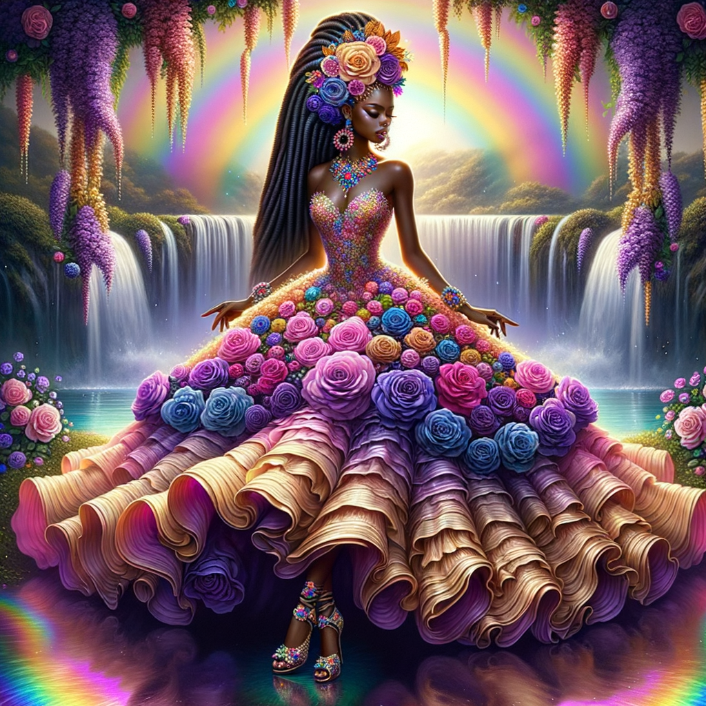 Remix Prompt
S/O Jackie Torres
S/O Panda Locke

create a animated style hyper realistic airbrush whimsical oil painting of a light African American woman wearing a flawless beautiful purple, pink, and gold blossom dress long flowing with colorful flowers and ruffles on the dress colorful jewelry made of flowers she has long black dreadlocks in a bun a colorful rose in her hair her peep toe shoes is matching her dress behind her is a beautiful waterfall liquid glowing lights beautiful colorful rainbow surrounded by beautiful roses.