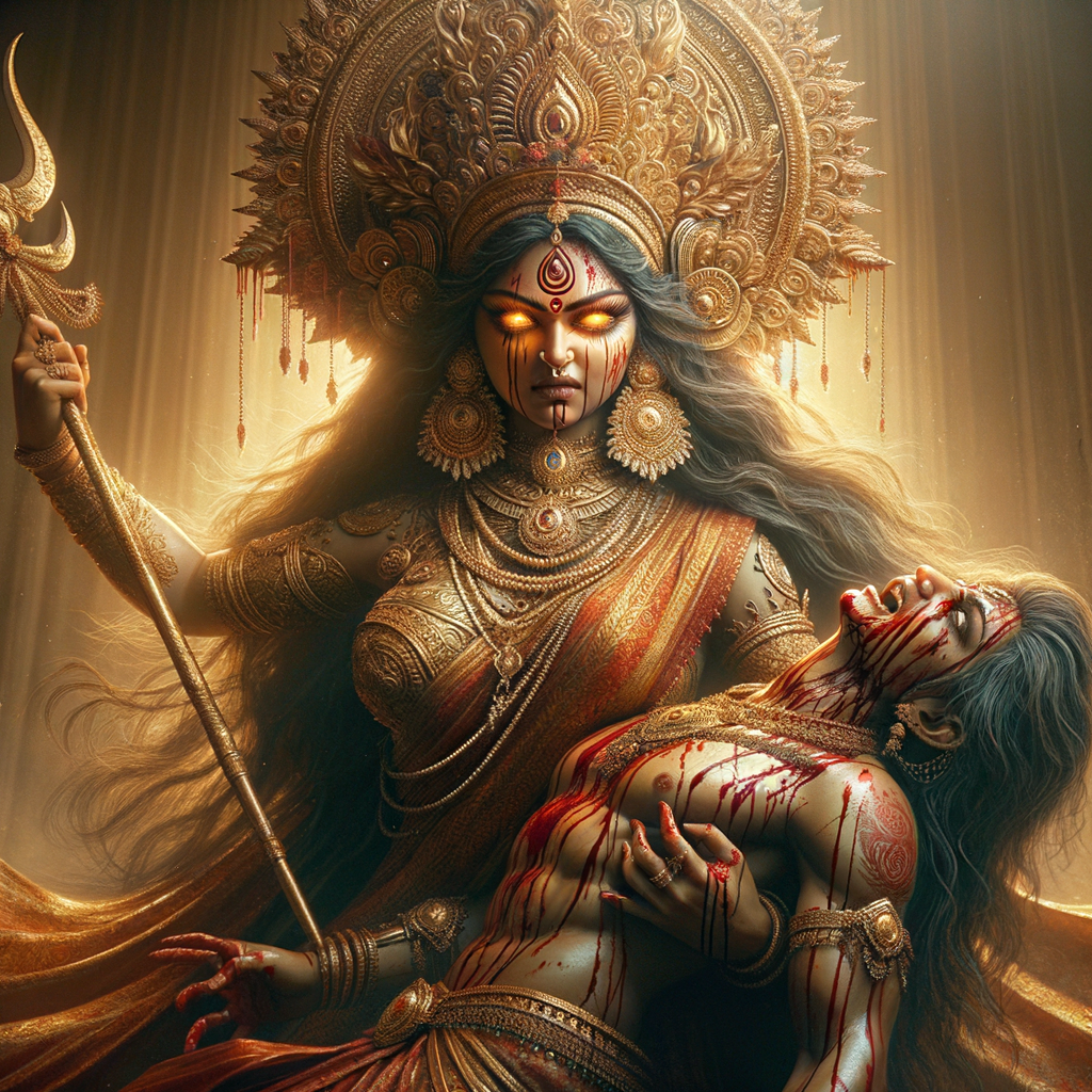 portrait of angry looking goddess durga  carrying a weak mahishasur in her arms and stabbing him with her amazingly designed trident. She is wearing a huge gold crown, red saree, abundant  gold jewelry, covered in blood. The scene is set in ancient India. The image is 8K resolution, cinematic, ultra detailed face and epic.