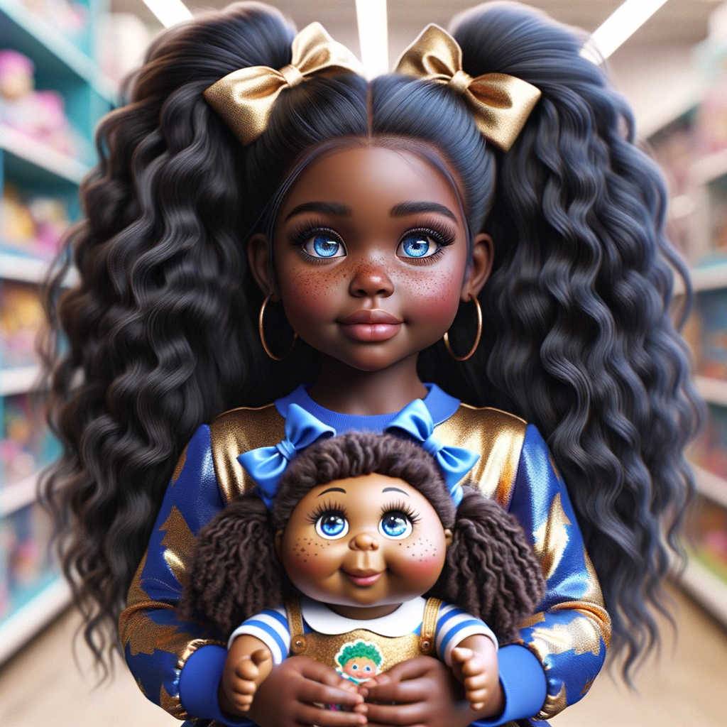 Create a 3-D image of an african-American little girl inside of a medium size, toy store. The little girl has thick long, ponytails and huge blue eyes. She has on a gold and blue jumpsuit with matching bows, She is playing with her favorite african-American cabbage patch doll, the doll has deep, dimples, and freckles and looks just like her