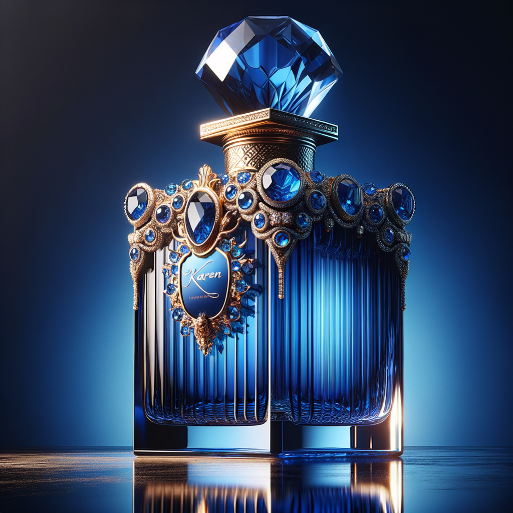 A digital illustration of a luxurious perfume bottle with a tall, faceted cap designed to mimic a deep blue gemstone, giving a sapphire-like appearance. The bottle, displaying a vivid blue color with light refraction effects, suggests the high clarity of glass. It rests on a reflective surface, hinting at the elegance of the product. A golden crown, ornately decorated with sparkling diamonds and inset with sapphire-blue gemstones, encircles the bottle's neck, adding to its opulence. The name 'KAREN' is featured in a prominent, sophisticated script on the front of the bottle, standing out against the deep blue background. The overall image conveys a sense of luxury and high fashion.