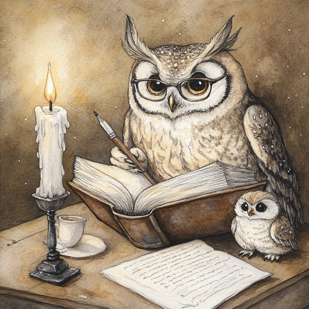 Owl with glasses is reading a book by the light of a candle with a stack of old antique books next to him on a table. A quil pen is in an ink pot on the table. a cup of coffee is next to him on the table as well as an owlet looking up at him. Watercolor with pencil outlines. Focus on the owls.