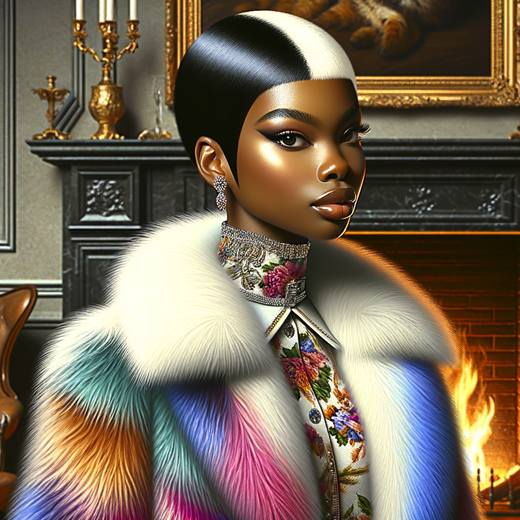 a full body veiw of a colorful gloss hyper realistic oil painting of a regal beautiful light skinned afro  American girlwith beautiful pixie cut one side of hair is black and the other side  of her hair white slick baby hair and furry white and pink and blue furry coat and outfit under the coat standing in living room with fireplace