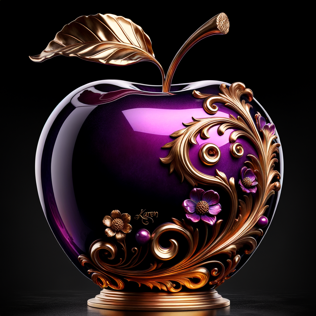 Envision a lustrous, oversized apple with a surface that gleams in a radiant shade of purple, as if lacquered to a high shine, reflecting light from its smooth, curvaceous form. The apple is adorned with elegant gold leaf patterns that swirl luxuriously around its contour, bringing a baroque opulence to its appearance. The stem, a bronzed sculpture in itself, supports a single leaf that seems to glow with an inner luminescence. At the apple’s base, a collection of flowers blooms, their petals softening the scene with organic shapes and colors that harmonize with the vibrant purple and gold. Incorporated into the metallic filigree in an artful script is the name "Karen," as if the apple were personally inscribed, enhancing the custom and bespoke quality of the piece.