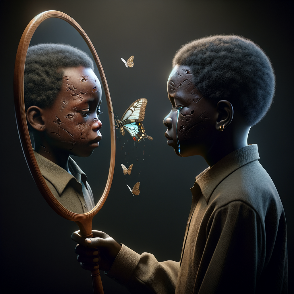 Create a 3-D realistic, adult african-American, female and male looking at themselves in the mirror but the child them has scars dirty crying and sad, with a falling butterfly