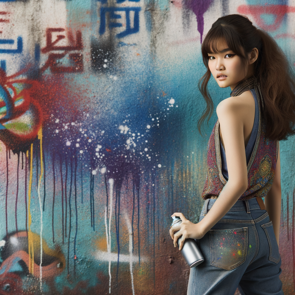 Attractive, Asian teenage girl, long brown hair and bangs, wearing tight skinny jeans and a halter top paint marks on her clothing, backside view heroic pose Asian graffiti