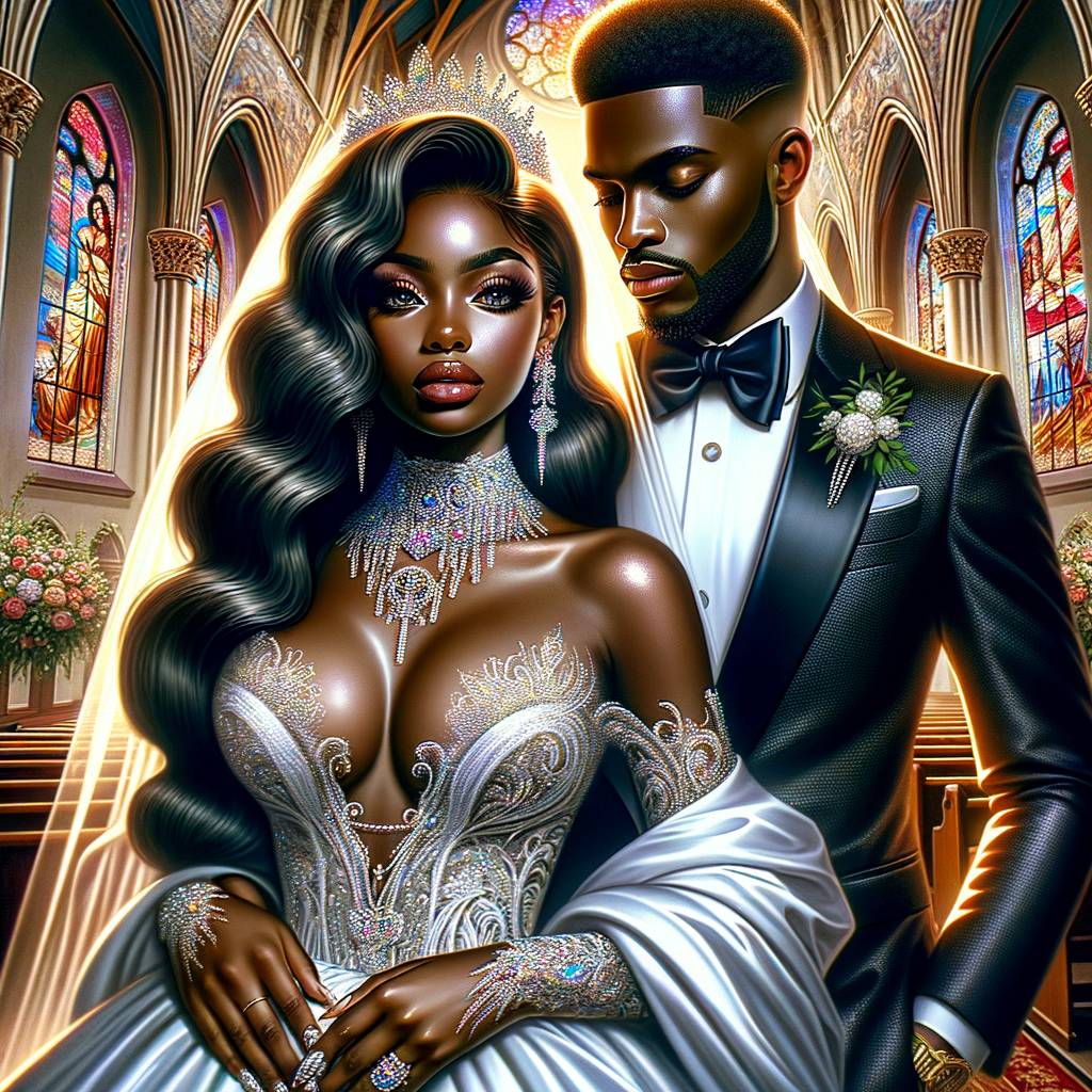 Create a realistic airbrushed illustration of a beautiful African-American couple at their wedding. The woman has flawless makeup, long wavy hair, and wears a spectacular gown adorned with various types of jewels, embodying elegance and sophistication. Her partner, an African-American man, is dressed in a sleek black Gucci suit and sports a fade crop top haircut, adding a modern flair to his dapper appearance. They stand together in a beautiful church, which is enhanced by colorful stained glass windows casting a vibrant glow around them, adding to the solemnity and joy of the occasion. The image should capture the essence of their love and the intricate details of their attire and the setting, all in a heavily HDR style at 300 dpi.