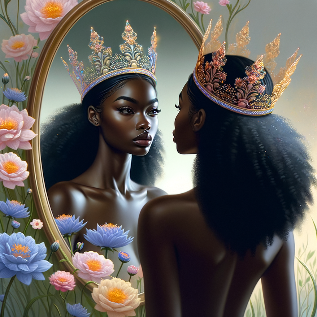 An African-American woman stands before a mirror, her gaze introspective and curious. As she peers into the reflective glass, a majestic transformation unfolds within its frame. Her reflection reveals not just her everyday visage, but that of a regal queen adorned with an elegant crown, symbolizing strength, wisdom, and grace. The crown is intricately designed, shimmering with the promise of untold stories and heritage. Around her, the background blossoms into a serene tableau of pastel flowers, each petal a whisper of beauty, resilience, and growth. These gentle hues of pinks, blues, and yellows create a soft, dreamlike atmosphere, enveloping the queen in a world where her royal essence is acknowledged and celebrated. This image captures the moment of self-realization and empowerment, a visual metaphor for the inner royalty that resides within, waiting to be acknowledged in the mirror of her soul.