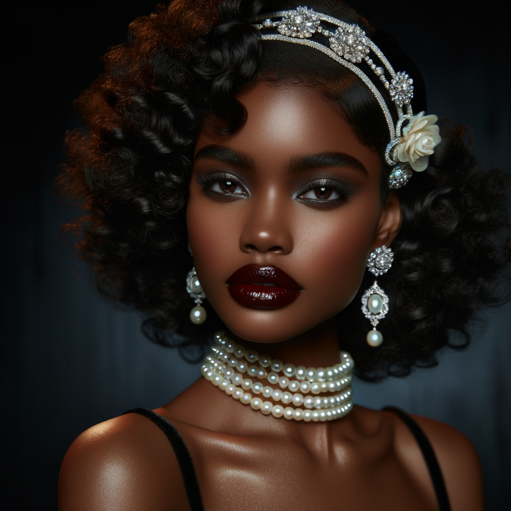 Envision a light-skinned African-American Hawaiian woman, embodying a mix of cultural elegance. Her hair is styled in glamorous, voluminous curls that frame her face, with a chic white and black headband accented by a luxurious pearl and diamond brooch. Her makeup is classic and sophisticated, with a smoky eye and deep red lipstick that complements her complexion. Adorning her neck are strands of pearls, adding to her opulence, and her ears feature large, chandelier earrings with pearls and diamonds that glisten. She carries the grace of Hawaiian charm, with her head slightly tilted in a dignified pose, her eyes full of depth and history. The background is a rich, dark shade that contrasts with her radiant skin.