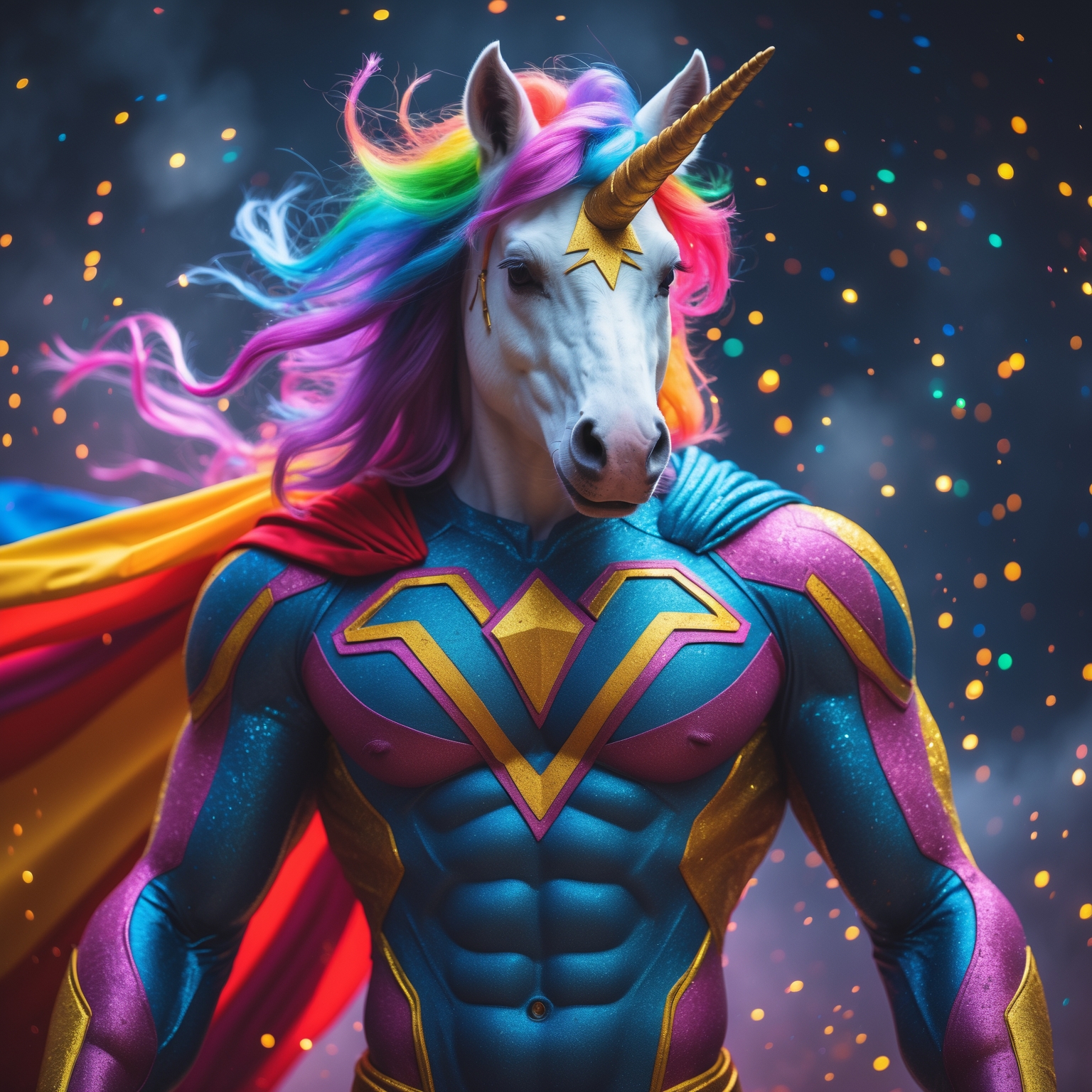 Imaginew a bad ass meta superhero named unicorn Man. With a majestic rainbow color main and magical powers involving rainbow glitter and and the most amazing physical attributes