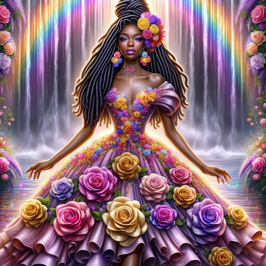 Remix Prompt
S/O Jackie Torres
S/O Panda Locke

create a animated style hyper realistic airbrush whimsical oil painting of a light African American woman wearing a flawless beautiful purple, pink, and gold blossom dress long flowing with colorful flowers and ruffles on the dress colorful jewelry made of flowers she has long black dreadlocks in a bun a colorful rose in her hair her peep toe shoes is matching her dress behind her is a beautiful waterfall liquid glowing lights beautiful colorful rainbow surrounded by beautiful roses.