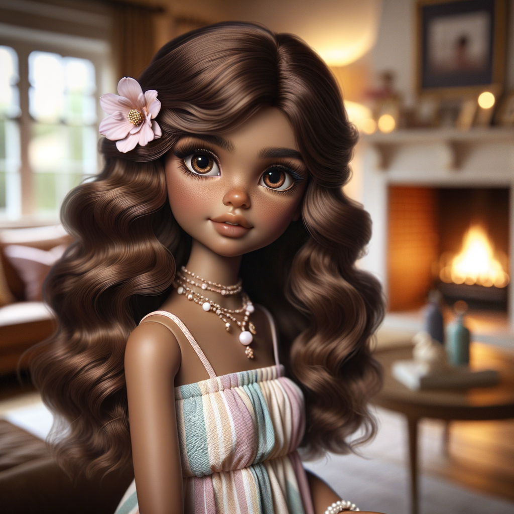 Create an image of a stylized, Latino brown skin doll-like girl seated in a cozy living room with a warm fireplace. She has voluminous, wavy hair cascading over her shoulders, tinted with shades of chestnut and mocha. Her large, expressive eyes are a deep brown, fringed with long, fluttery lashes. A delicate pink flower tucks behind one ear, complementing her youthful glow. She wears a pastel-striped summer dress with soft, flowing fabric that drapes elegantly over her small frame. Around her neck is a dainty necklace adorned with beads and a gentle sprinkle of gemstones reflecting subtle light. In her hand, she holds a pearly seashell as a charming accessory. Behind her, the living room is inviting, with plush furnishings, a mantelpiece adorned with family photos and trinkets, and a crackling fireplace that casts a comforting glow and dancing shadows around the room, enhancing the ambiance of a serene home setting