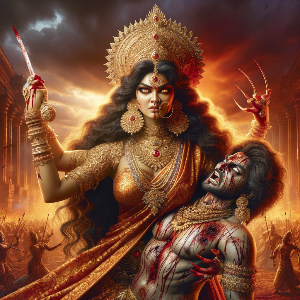 Portrait of angry and gorgeous goddess durga slaying mahishasur by carrying him in her arms and stabbing him with her red long nails. she should wear Gold jewelry all over the body. Mahishasur should have wounds all over his body. mahishasur should be smaller in size compared to Goddess durga. Background is an intense battlefield. reddish hue everywhere and sunset in the background.  Epic scene. 4k, HDR.