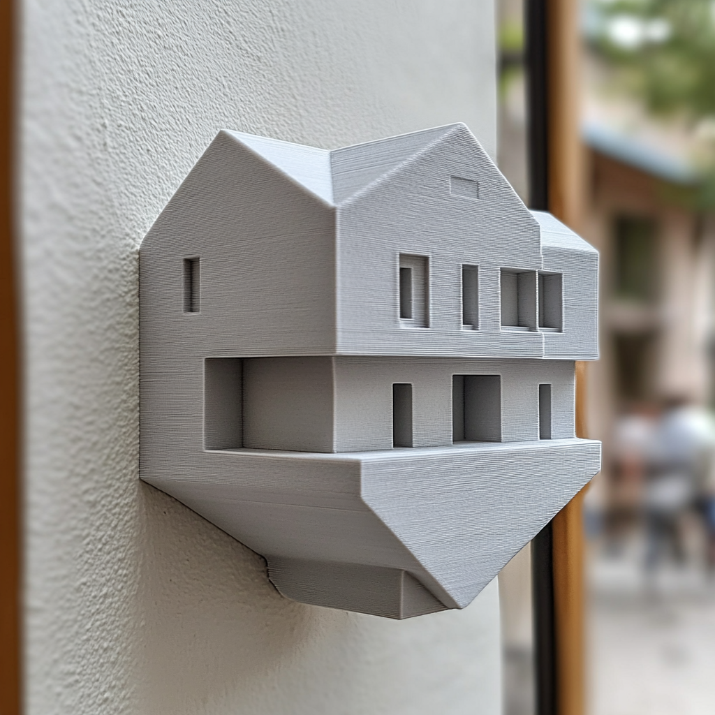 3D printed scale model of a house being displayed as art on a wall