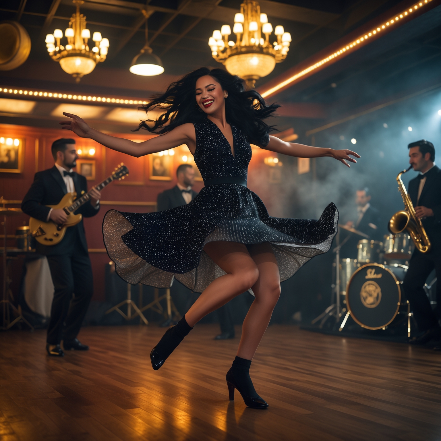 A dynamic, cinematic shot taken on a Leica M10 with a 35mm f/1.4 lens. Dahlia Valentina (DahliaValentina_ai) (fit tall supple well endowed tanned Italian American model with long wavy black hair) swings effortlessly in a late-night 1940s jazz club, her polka-dot dress billowing as she is spun into an aerial move by her dance partner. Her expression is joyful, her black heels barely touching the wooden floor. The dimly lit club, filled with vintage chandeliers, brass instruments, and smoky silhouettes, creates a moody yet vibrant energy. A live band plays in the background, the brass gleaming under soft amber lighting. Her hair flows as she moves, exuding playful charm. The photograph captures the pure joy of swing dancing—fast, fluid, and effortlessly stylish.”