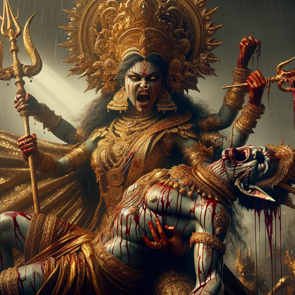 portrait of angry looking goddess durga slaying a weak mahishasur by carrying him in her arms and stabbing him with her amazingly designed trident. She is wearing gold armor, a huge gold crown, gold saree, abundant  gold jewelry, covered in blood. The scene is set in ancient India. The image is 8K resolution, cinematic, ultra detailed face and epic.