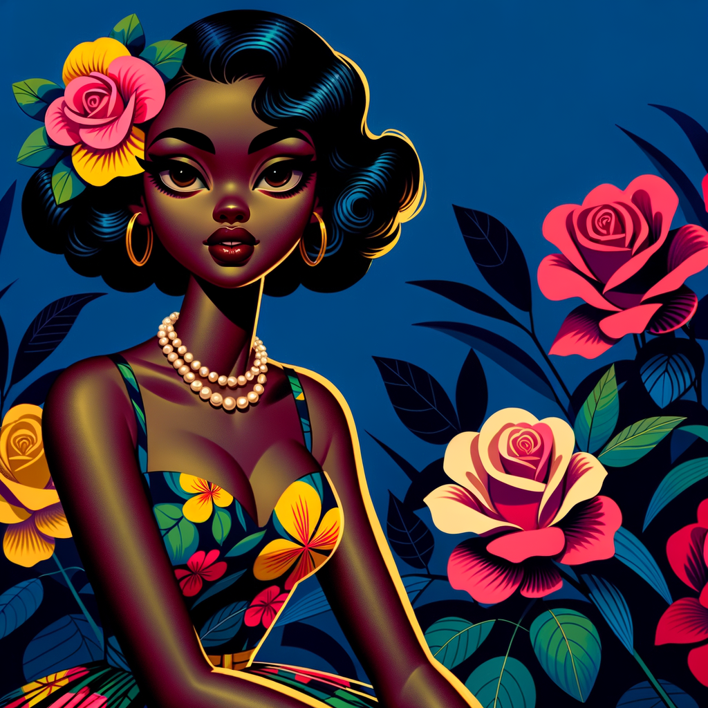 An illustrated  African-American, Betty Boop with exaggerated features reminiscent of vintage pin-up art. The character has large, expressive eyes, short wavy black hair, and is wearing a colorful, floral-print dress with a deep blue background and tropical flowers in vivid colors like yellow, pink, and red. She's seated with one hand resting gently beside her, wearing a pearl necklace and gold hoop earrings. The background is filled with lush roses in shades of pink and red.