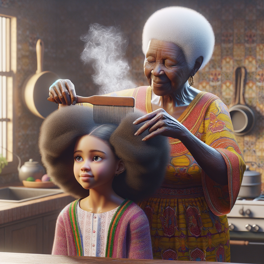 Create a realistic 3-D image of an african-American grandmother in the kitchen with her african-American granddaughter. The grandmother has a hot comb in her hair and she is straightening her granddaughters hair. One side of her granddaughters hair is in  a Afro the other is bone straight 
There is smoke coming from the hot comb