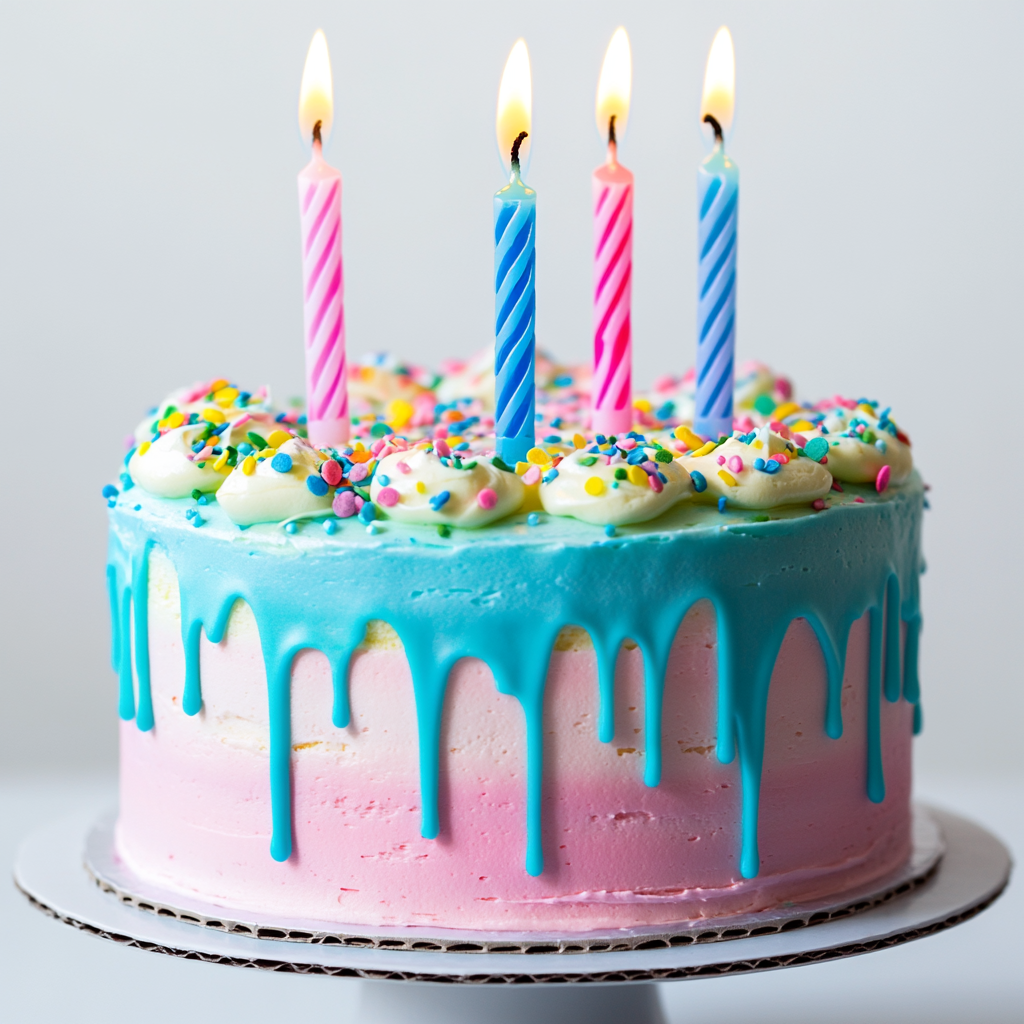 A vibrant, festive birthday cake with three lit candles on top. The cake is a two-layered sponge with colorful frosting—pastel pink on the top layer and sky blue on the bottom. The frosting drips slightly over the edges for a delicious effect. Bright, multicolored sprinkles are scattered over the top. The three candles are evenly spaced, each with a different color—red, yellow, and blue—with soft glowing flames. The background is white