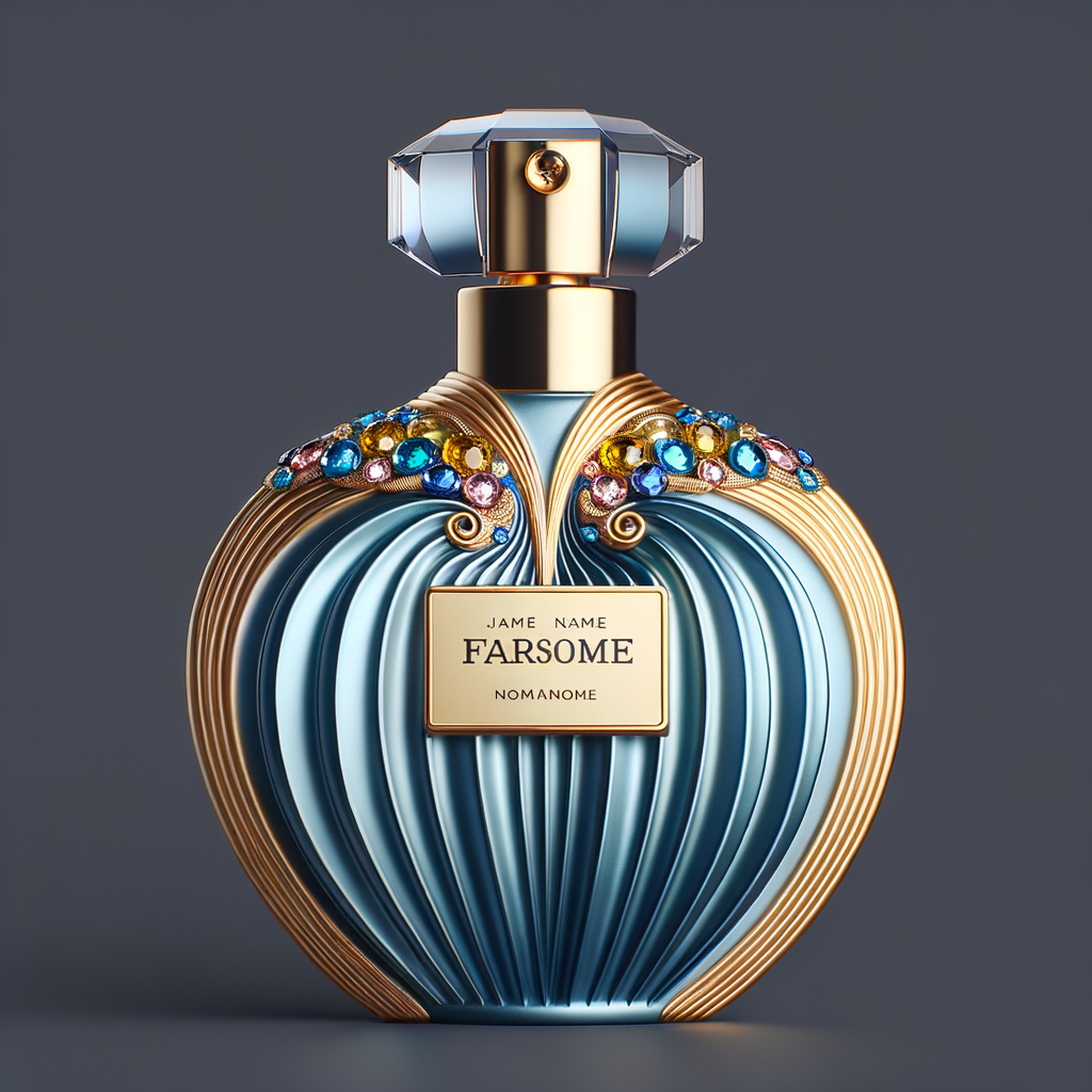 Create a 3-D realistic gold and  blue, colorful jewels perfume bottle
In the shape of a women’s body with the name Karen