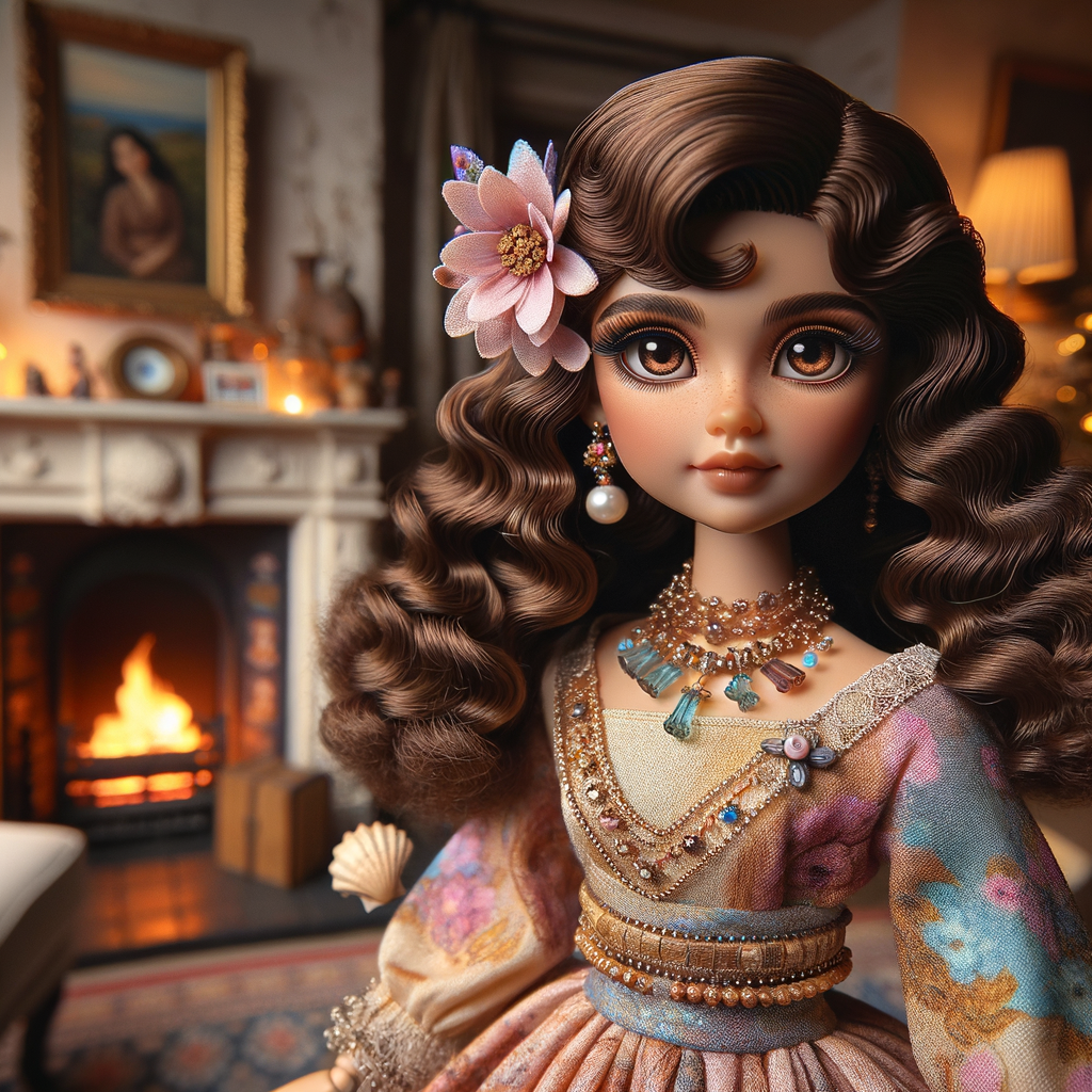 Create an image of a stylized, Latino doll-like girl seated in a cozy living room with a warm fireplace. She has voluminous, wavy hair cascading over her shoulders, tinted with shades of chestnut and mocha. Her large, expressive eyes are a deep brown, fringed with long, fluttery lashes. A delicate pink flower tucks behind one ear, complementing her youthful glow. She wears a gold, pink, and blue body on dress with soft, flowing fabric that drapes elegantly over her small frame. Around her neck is a dainty necklace adorned with beads and a gentle sprinkle of gemstones reflecting subtle light. In her hand, she holds a pearly seashell as a charming accessory. Behind her, the living room is inviting, with plush furnishings, a mantelpiece adorned with family photos and trinkets, and a crackling fireplace that casts a comforting glow and dancing shadows around the room, enhancing the ambiance of a serene home setting