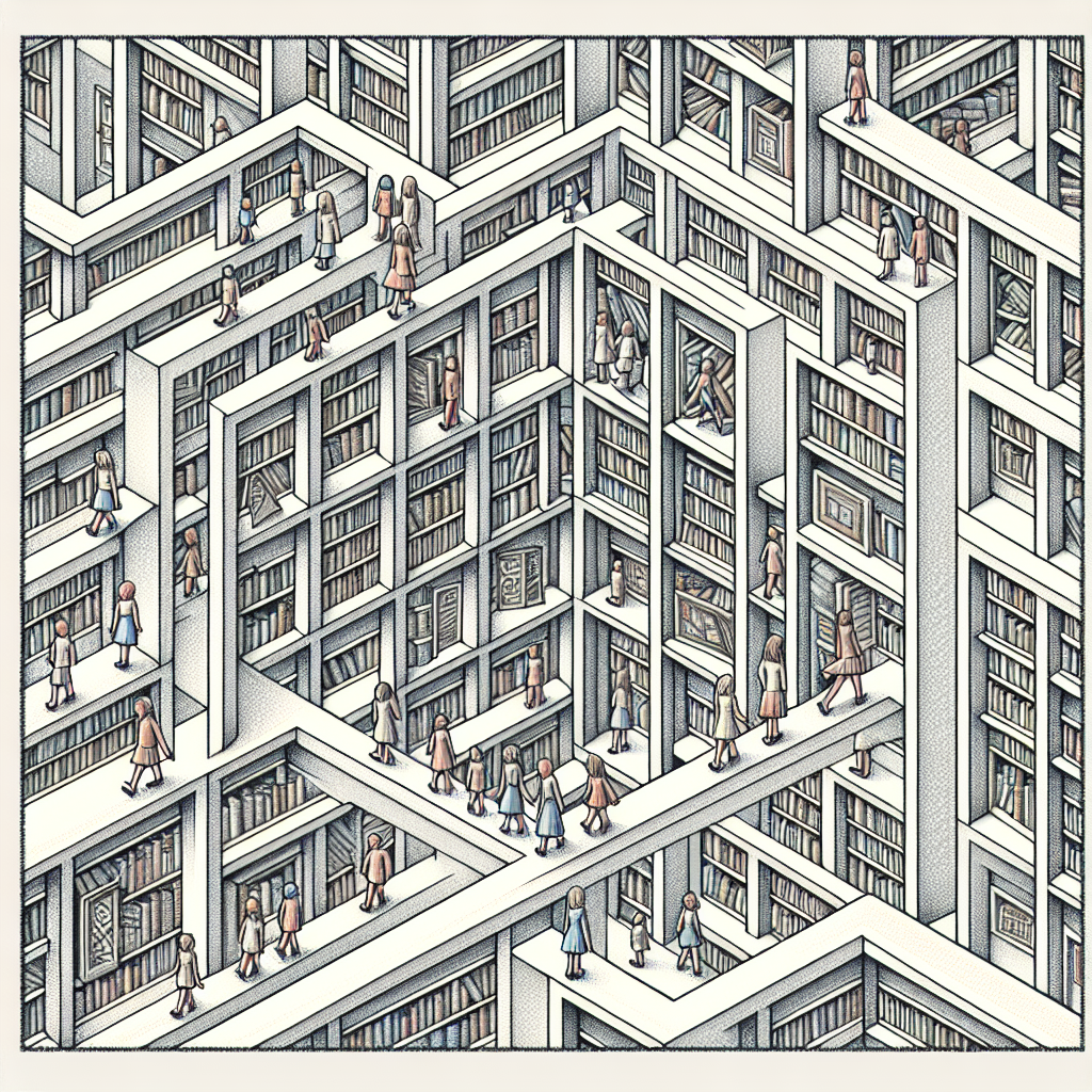 Create an MC Escher-inspired crayon drawing depicting a school library scene where twenty children are navigating through the aisles of bookshelves, intended for use as an intricate border surrounding a solid square reserved for text in an infographic.