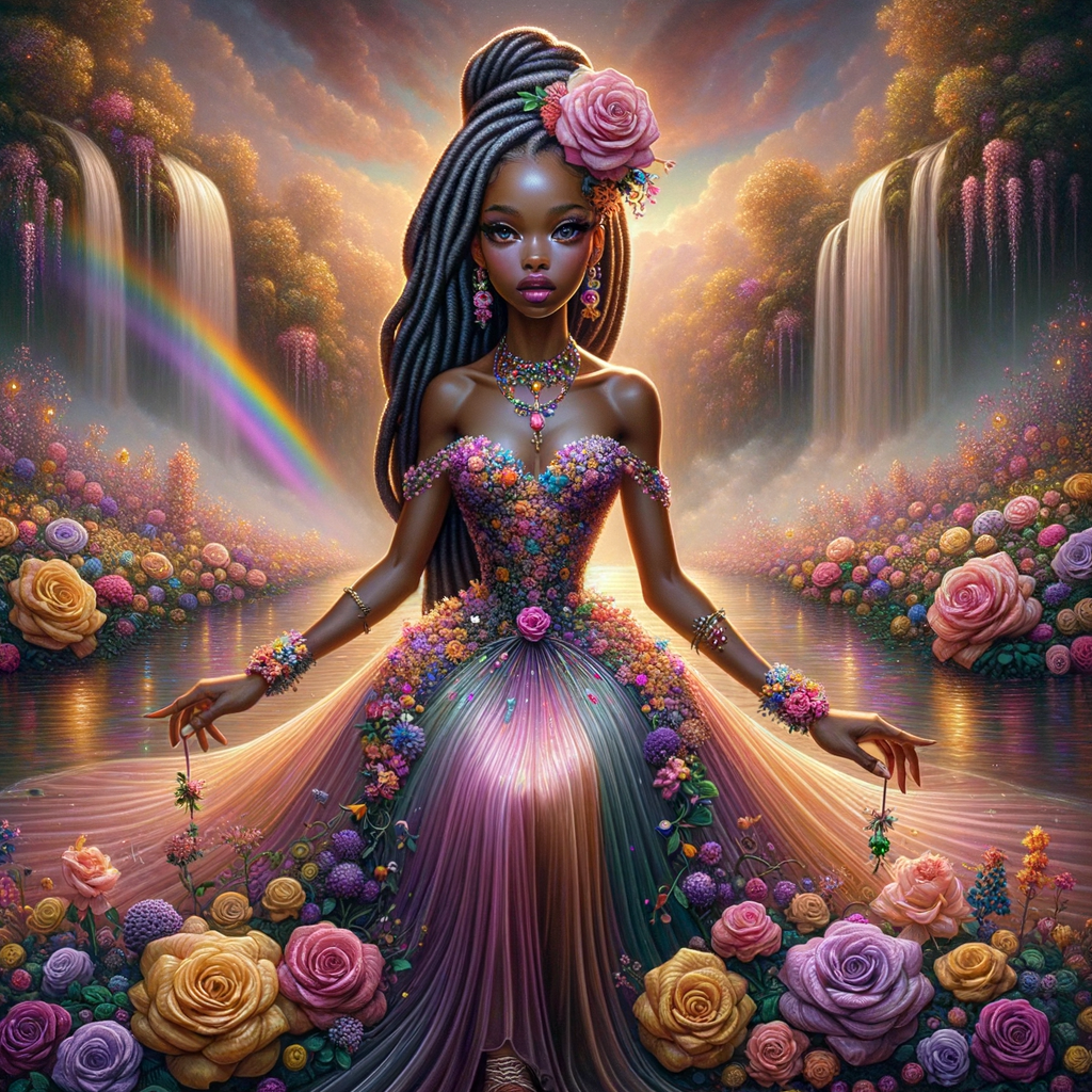 Remix Prompt
S/O Jackie Torres
S/O Panda Locke

create a animated style hyper realistic airbrush whimsical oil painting of a light African American woman wearing a flawless beautiful purple, pink, and gold blossom dress long flowing with colorful flowers and ruffles on the dress colorful jewelry made of flowers she has long black dreadlocks in a bun a colorful rose in her hair her peep toe shoes is matching her dress behind her is a beautiful waterfall liquid glowing lights beautiful colorful rainbow surrounded by beautiful roses.