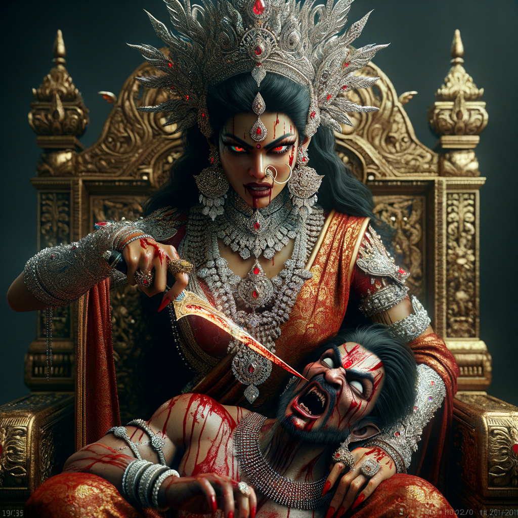 portrait of extremly angry looking goddess kali, sitting on a gold crown and carrying a weak mahishasur on her lap and stabbing him with her amazing long red finger nails. She is wearing diamond armor, a huge diamond crown, red saree, abundant diamond jewelry, covered in blood. The scene is set in ancient India. The image is 8K resolution, cinematic, ultra detailed face and epic.