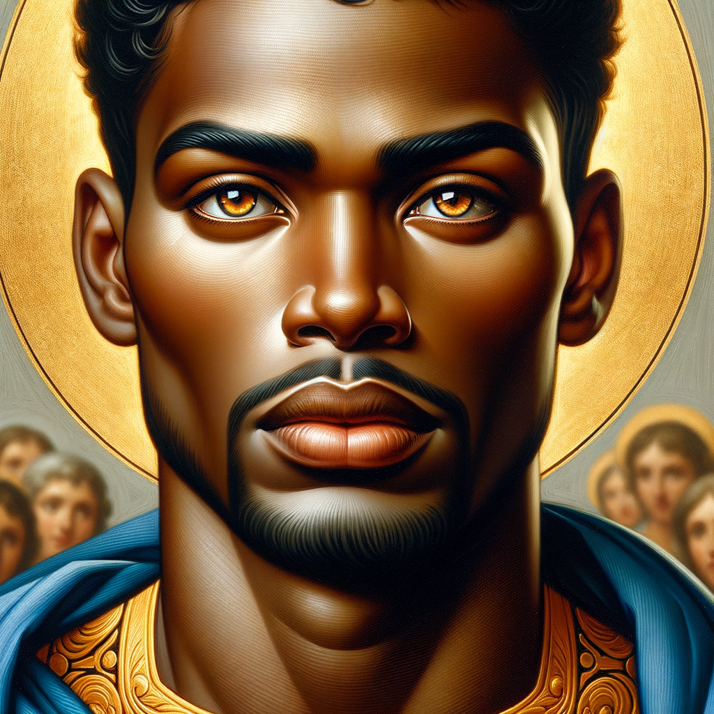 Create handsome African-American, Jesus, with Hazel Brown eyes wearing a blue and gold robe